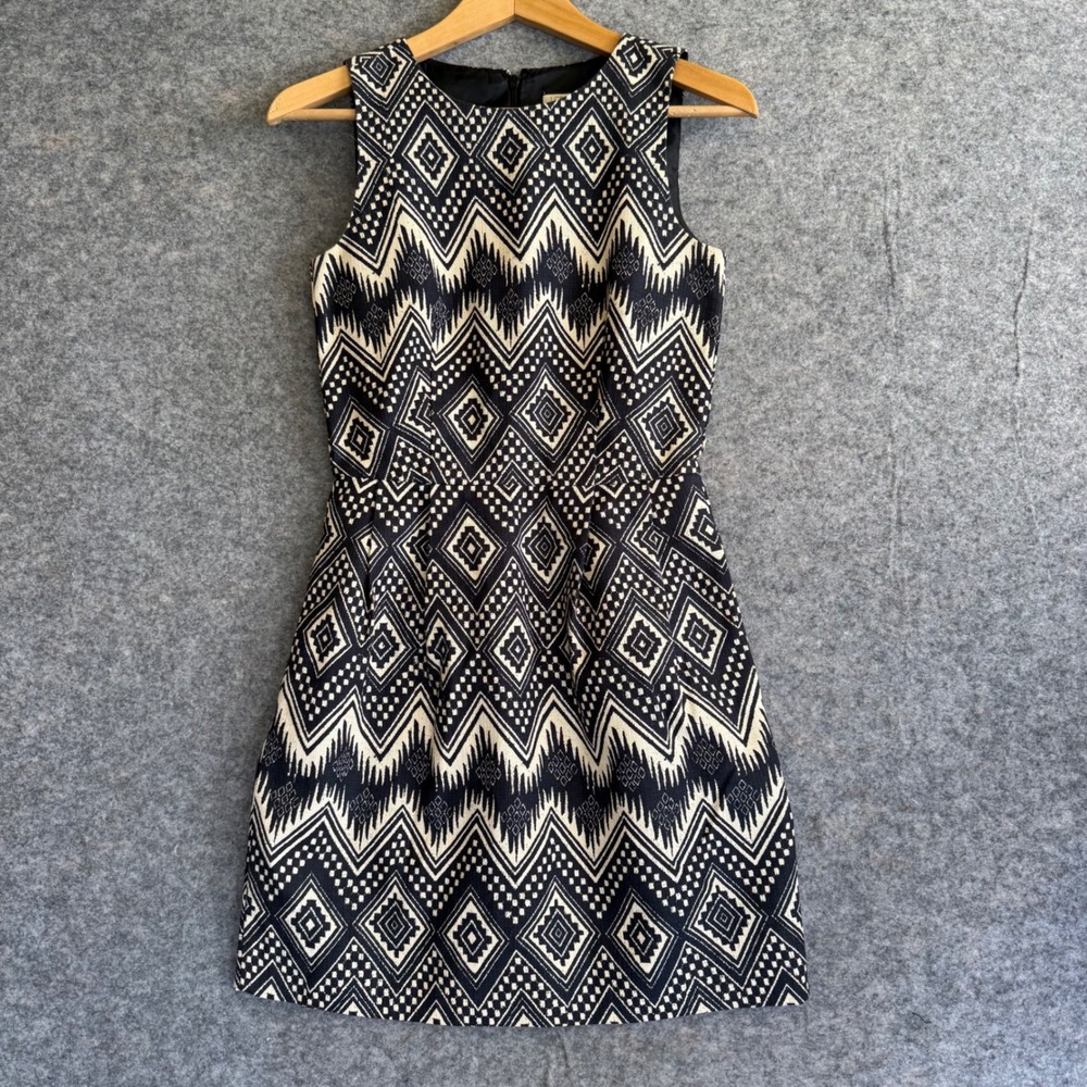 J.Crew Black Cream Geometric Ikat Print Sleeveless Shift Dress Size 00